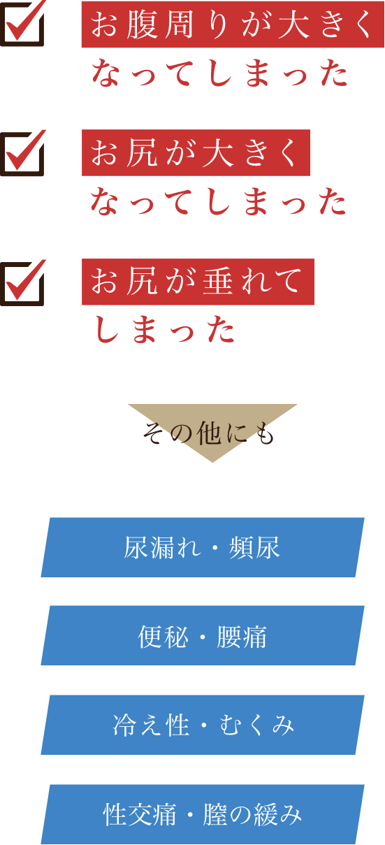 お腹周りが大きくなってしまった。お尻が大きくなってしまった。お尻が垂れてしまった。